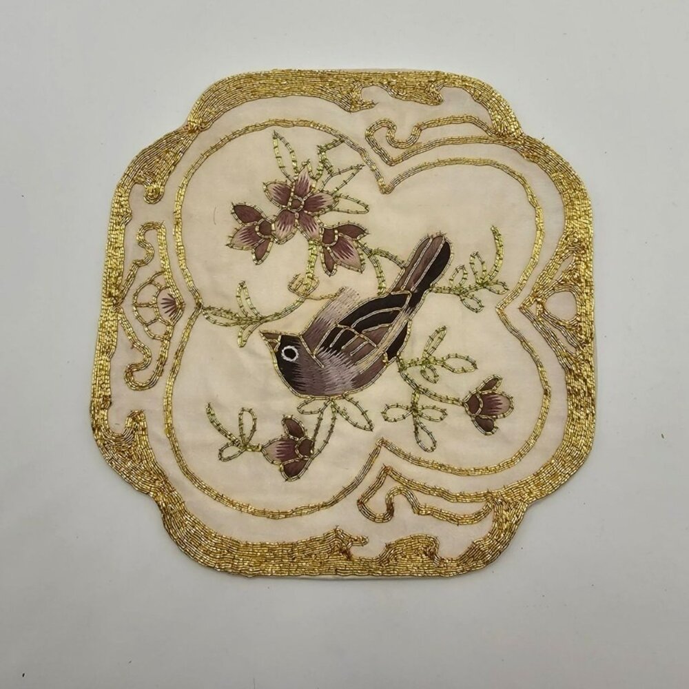Handcrafted Decorative Embroidered Bird Coaster With Gold Accents‎